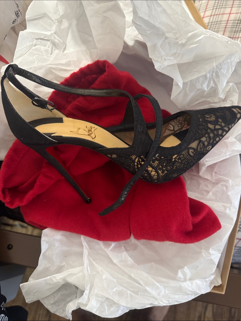 Christian Louboutin Black Lace Crisscross Pointed-Toe Stilettos